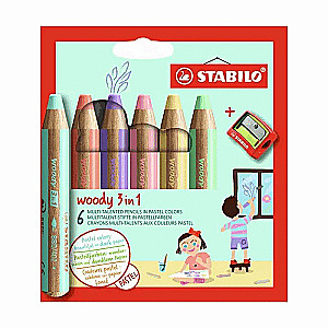 Цветные карандаши STABILO WOODY 3в1, 6 цветов + точилка, пастель