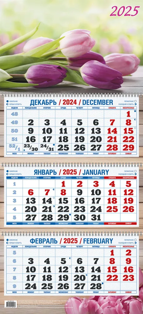 Dreiteiliger vierteljährlicher Wandkalender Tulpenstrauß“ 310x680 für 2025