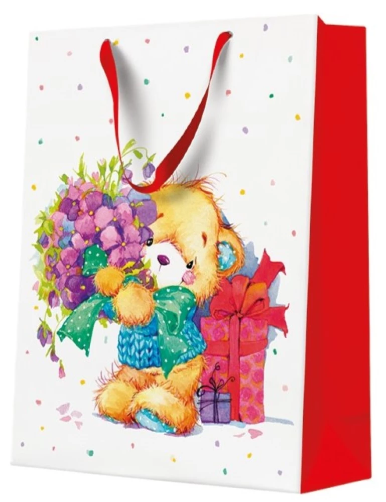 Geschenktüte - Teddybär mit Blumen (30x41x12)