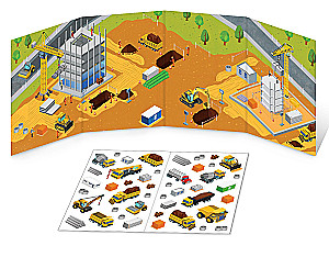 Buch mit Klappkarten. Wiederverwendbare Aufkleber. Autos auf der Baustelle