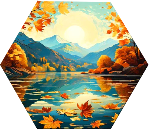 Malerei nach Zahlen mit Blattgold - Hexagon. Herbstlandschaft in den Bergen